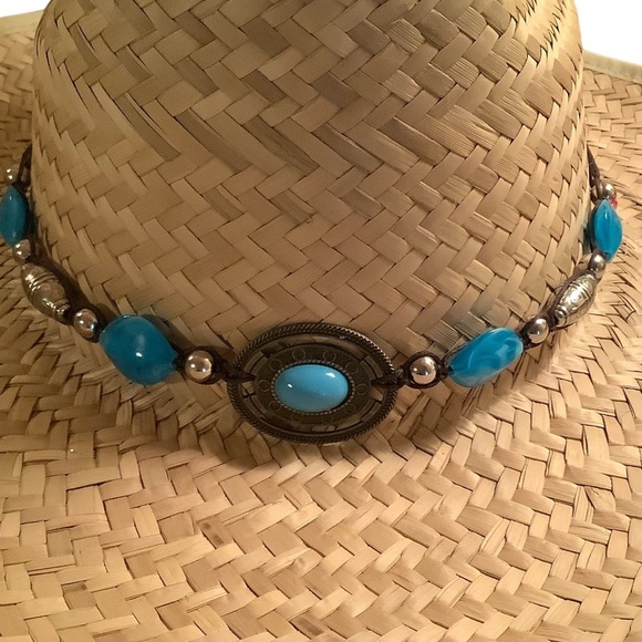 Faux Turquoise Decor Straw Cowboy Hat - Picture 3 of 6